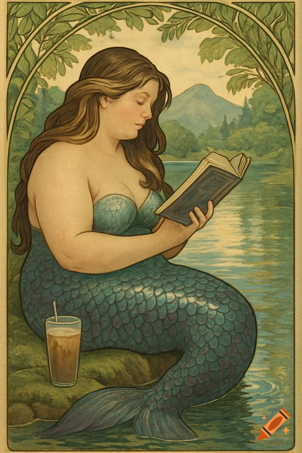 Art nouveau painting of a mermaid reading a book by a lake.
