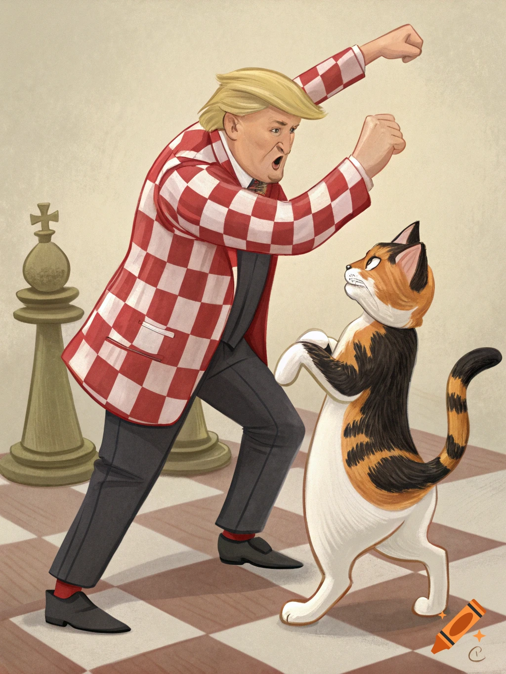 Illustration of a person resembling Trump in a checkered suit confronting a calico cat on a chessboard with chess pieces.