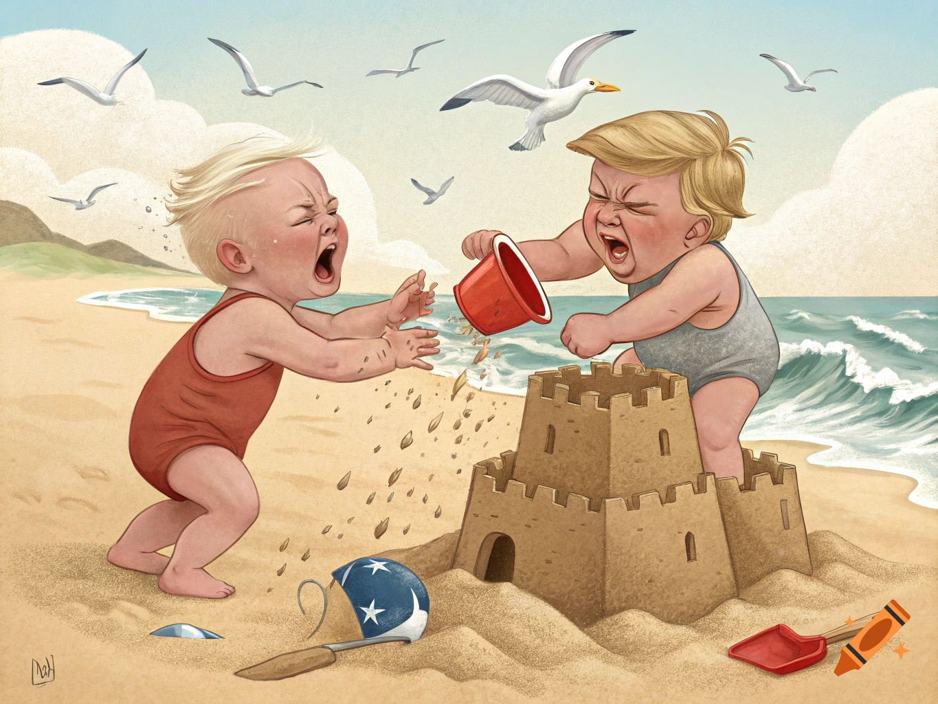 Illustration of two crying babies fighting over a sandcastle on a beach