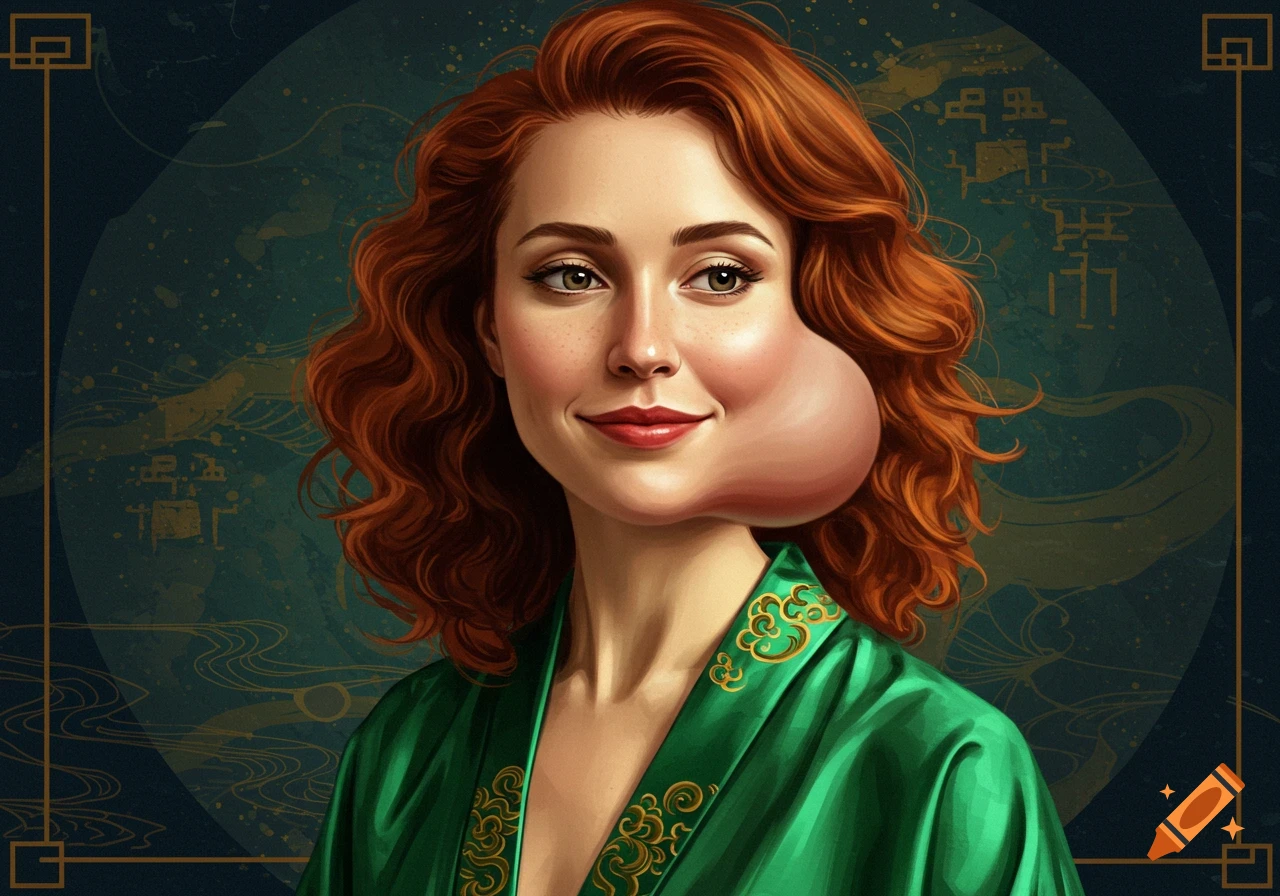 Portrait of a woman with a large cheek bulge, wearing a green robe against a dark decorative background.