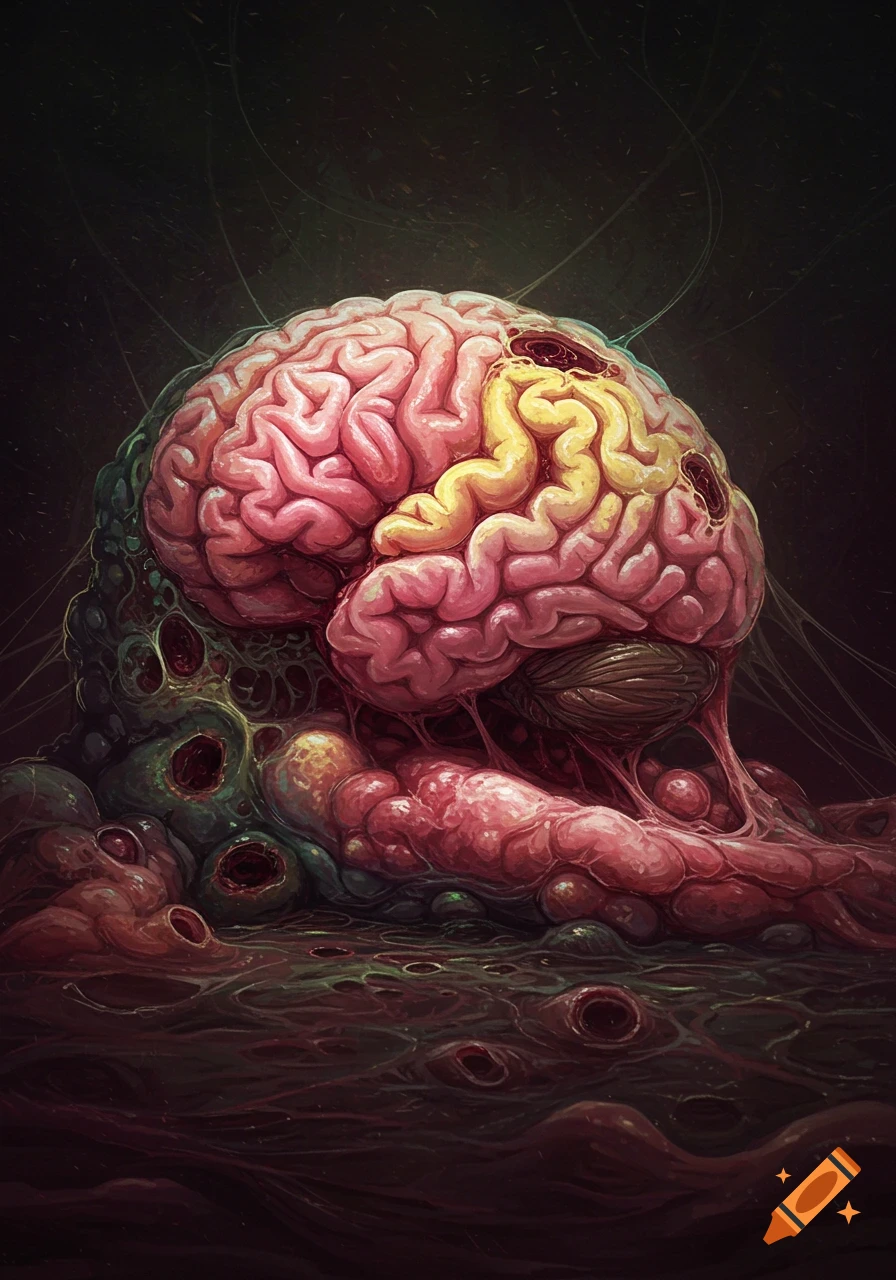 A grotesque, mutated brain and biological matter with holes and slime.