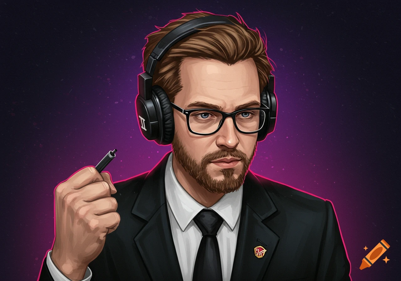 Stylized portrait of a man in a suit and headphones holding a pen against a purple background