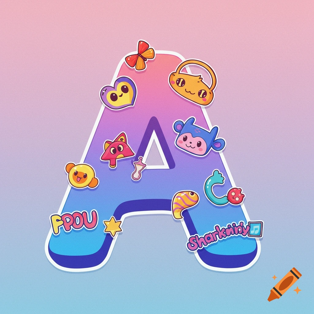 Large letter A decorated with cute cartoon stickers