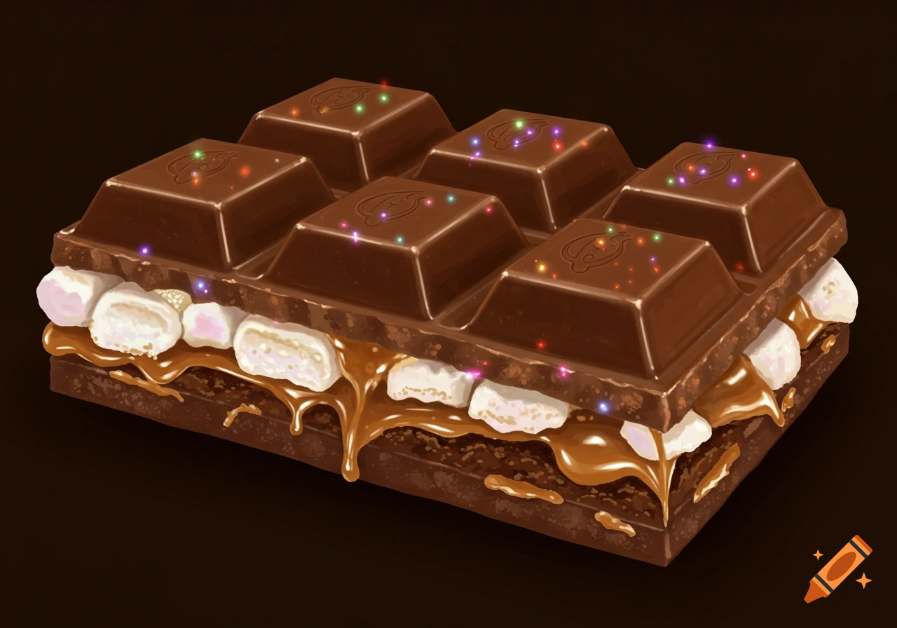 Digital painting of a thick chocolate bar filled with marshmallows, caramel, and fudge, with sparkling rainbow lights.