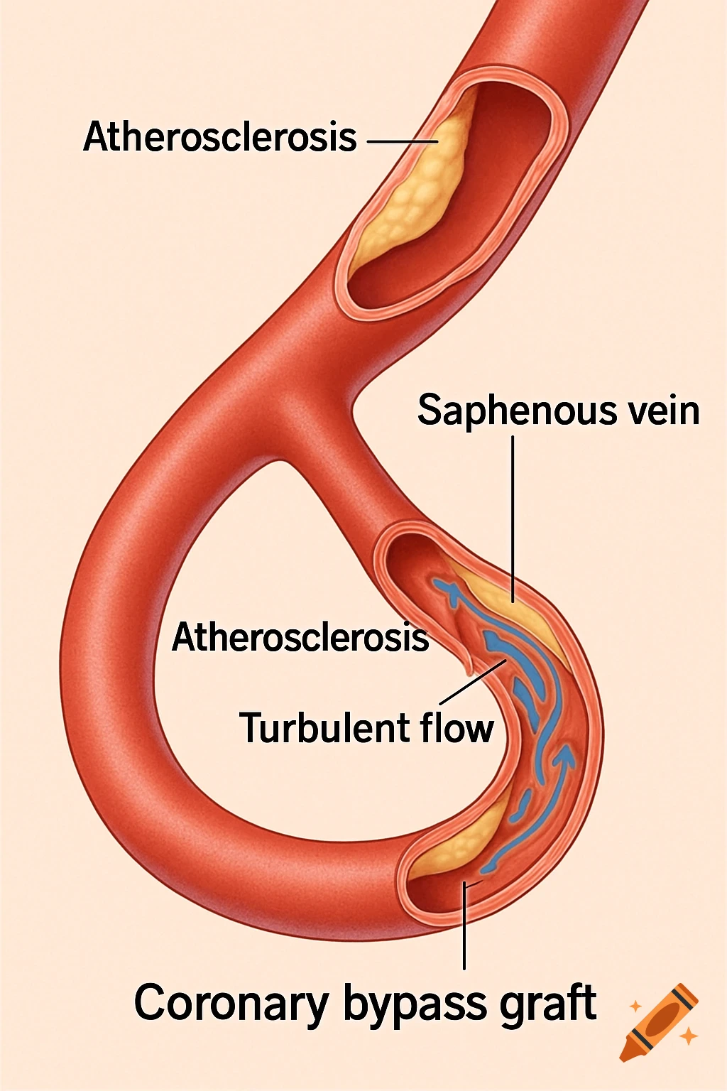 Diagram of a blood vessel showing atherosclerosis, a saphenous vein bypass graft, and turbulent flow.