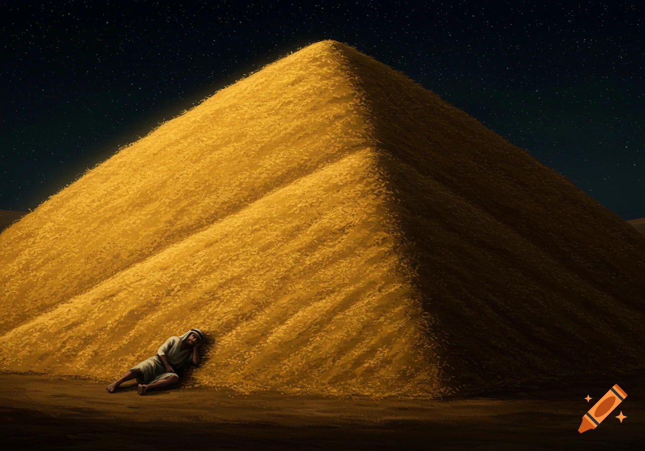 A man sleeps against a huge pile of grain under a starry night sky.