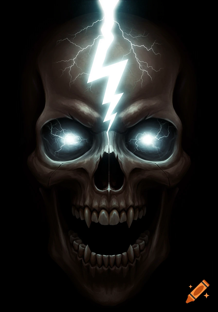 Close-up of a skull with glowing eyes and a lightning bolt striking its forehead against a dark background.