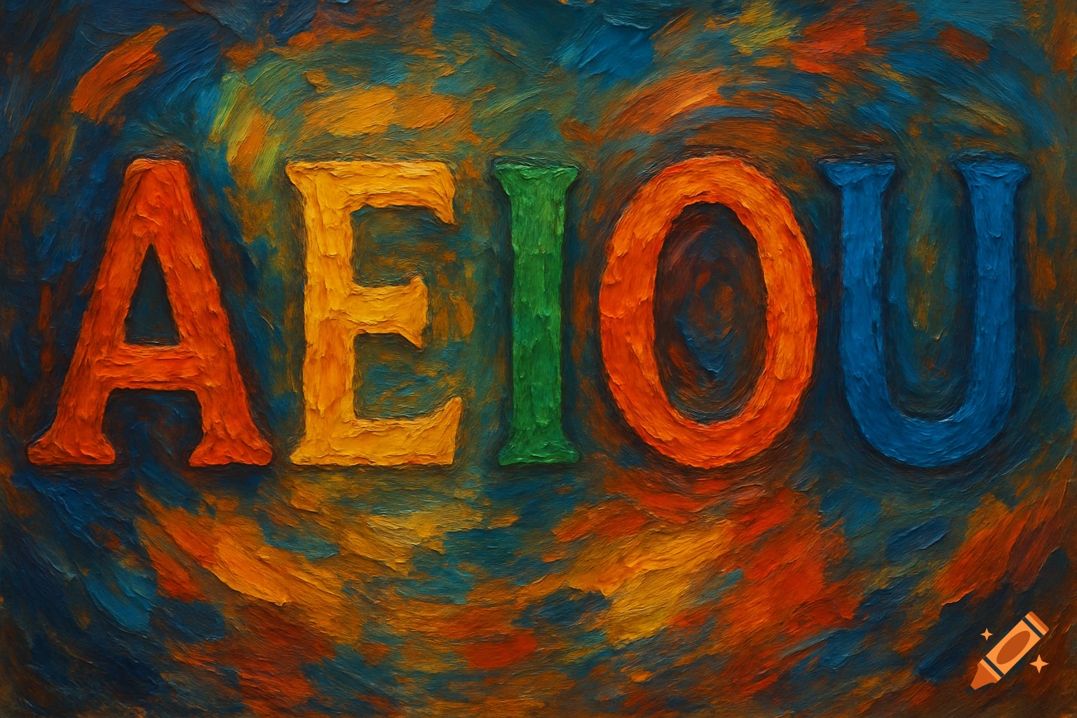 Bold, colorful letters A, E, I, O, U painted with thick texture on a dark abstract background.