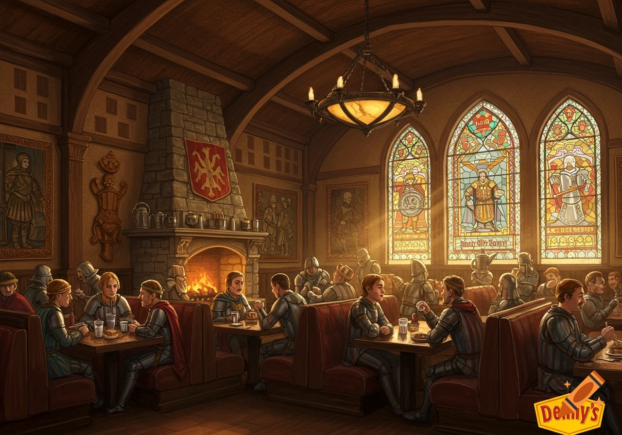 A medieval restaurant interior with knights eating at booths, stained ...