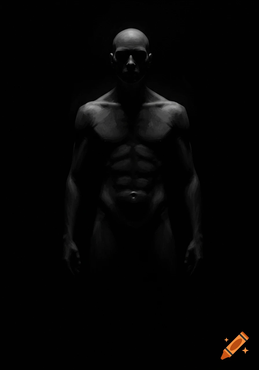 Grayscale digital painting of a bald male figure with defined abs, dramatically lit from above against a dark background.