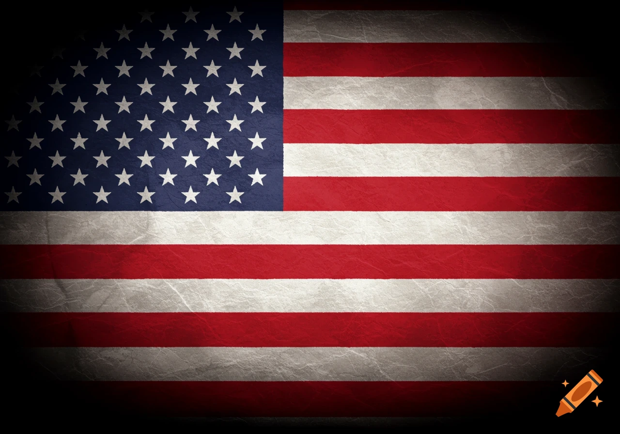 An American flag with red and white stripes and white stars on a blue field, with a grunge texture and vignetting.