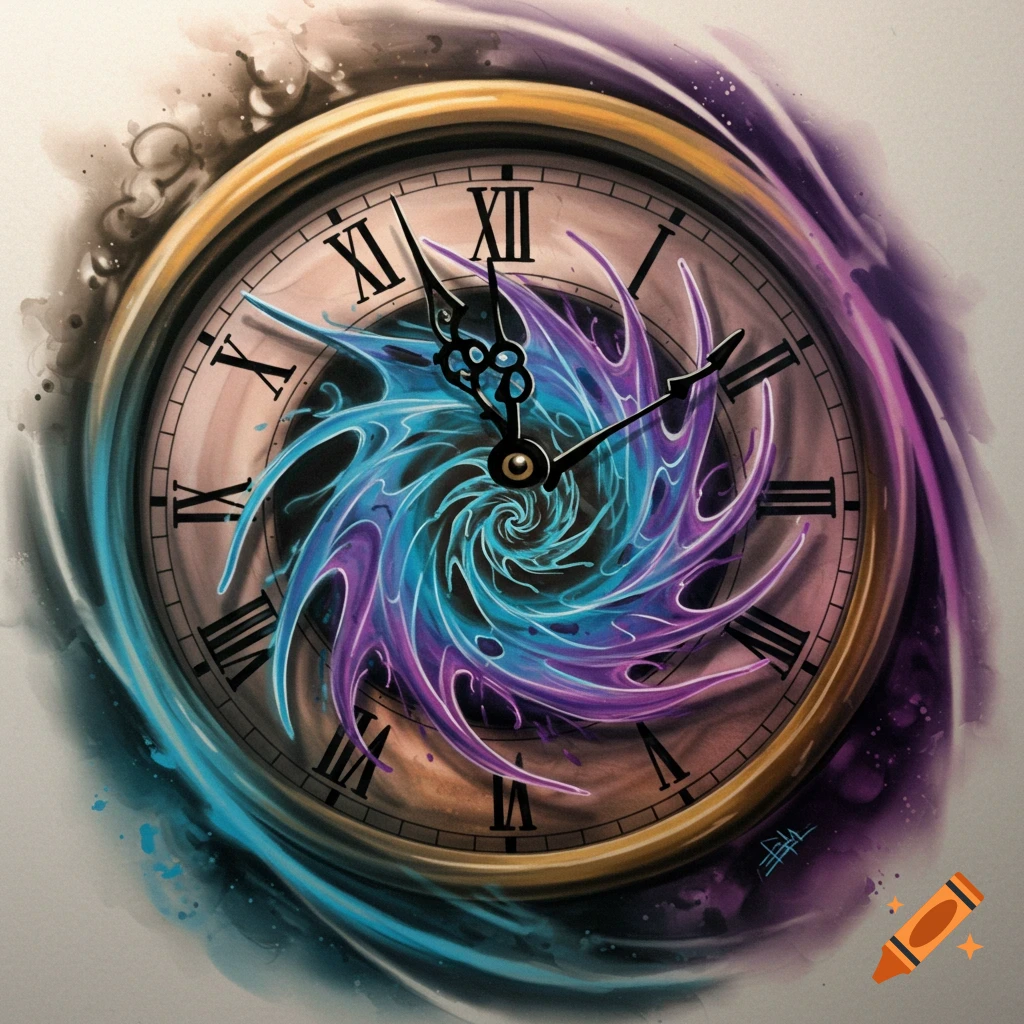 Stylized clock with a blue and purple swirling vortex inside.