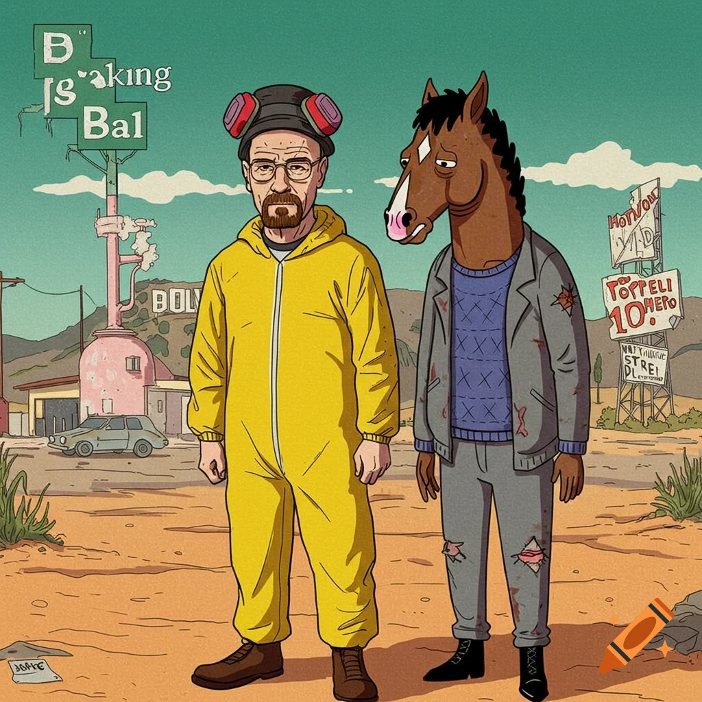 Walter White and BoJack Horseman stand in a desert with signs in the background, cartoon style.