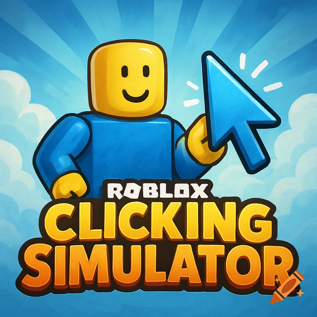 Cartoon logo with a blocky Roblox character holding a large mouse cursor, with the text "ROBLOX CLICKING SIMULATOR" below.