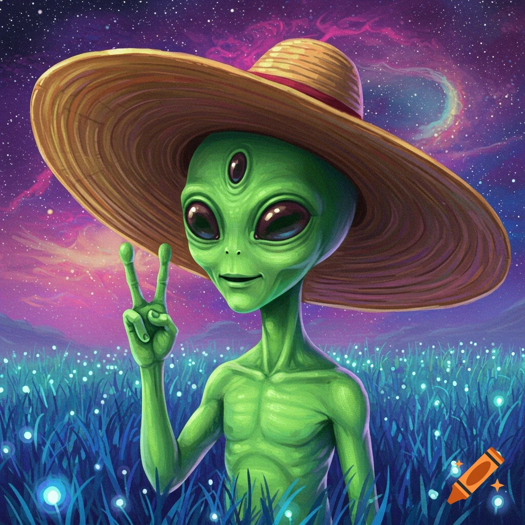 Green alien in a straw hat making a peace sign in a field with glowing lights under a starry sky.