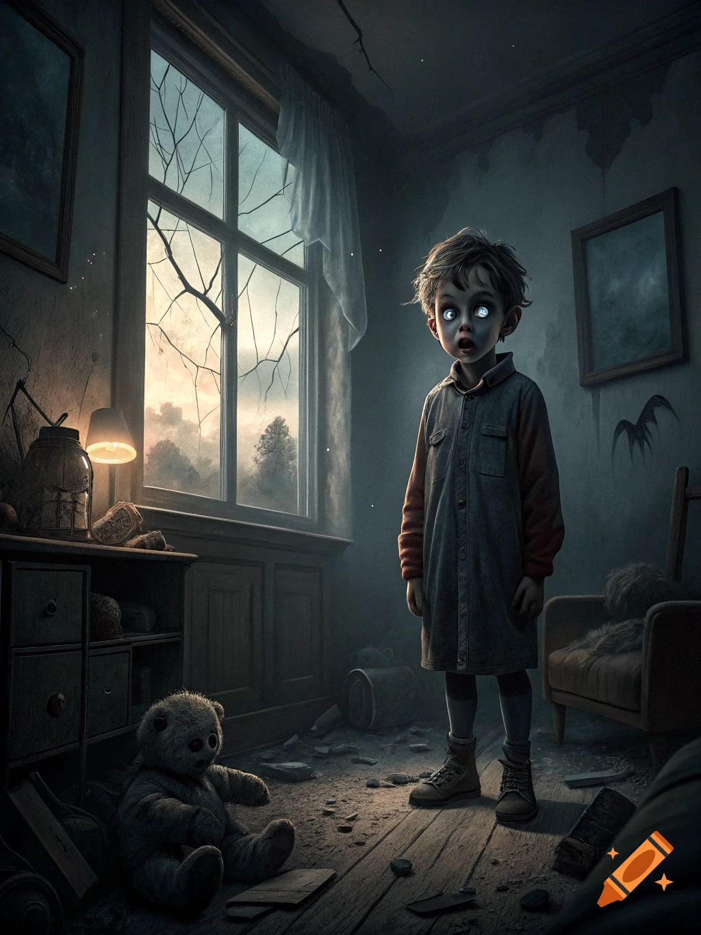 A creepy boy with glowing white eyes stands in a dark, dilapidated room beside a teddy bear.