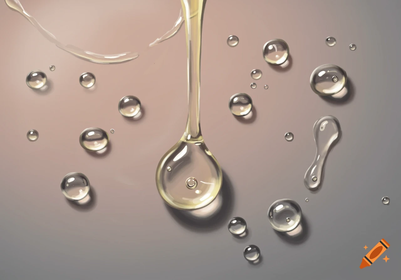 Oil droplets and a stream of oil on a surface.