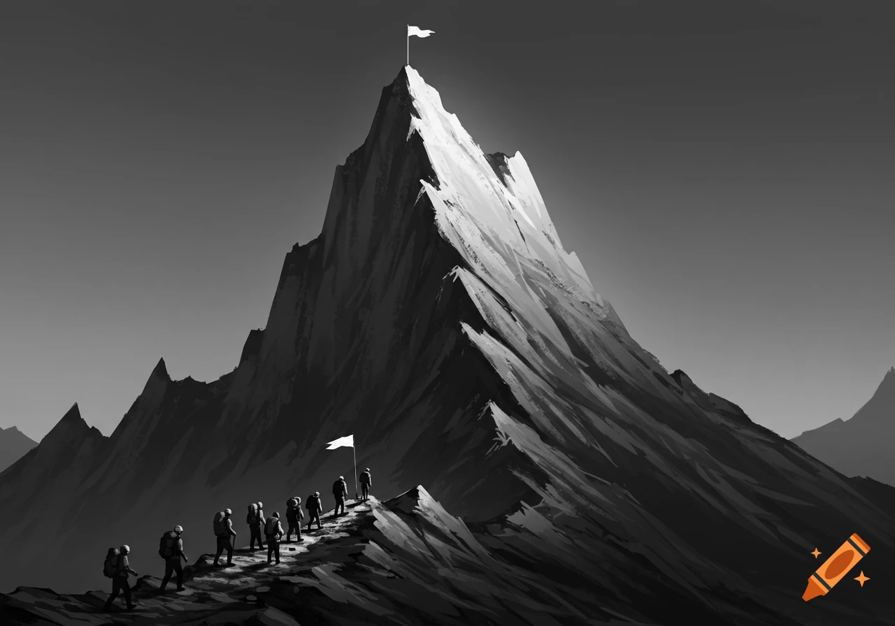 Black and white illustration of climbers ascending a mountain path towards a flag.