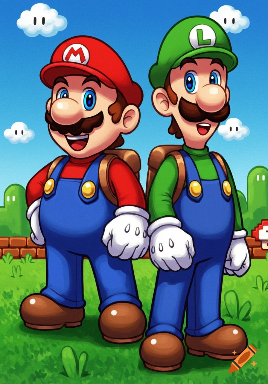 Cartoon image of Mario and Luigi standing together in a Super Mario Bros. environment.