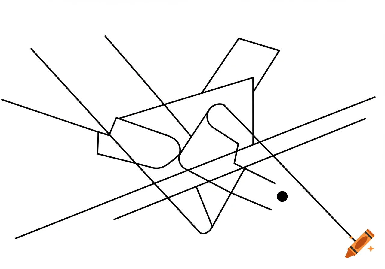 Abstract black and white line drawing with overlapping lines, shapes, and a black circle.