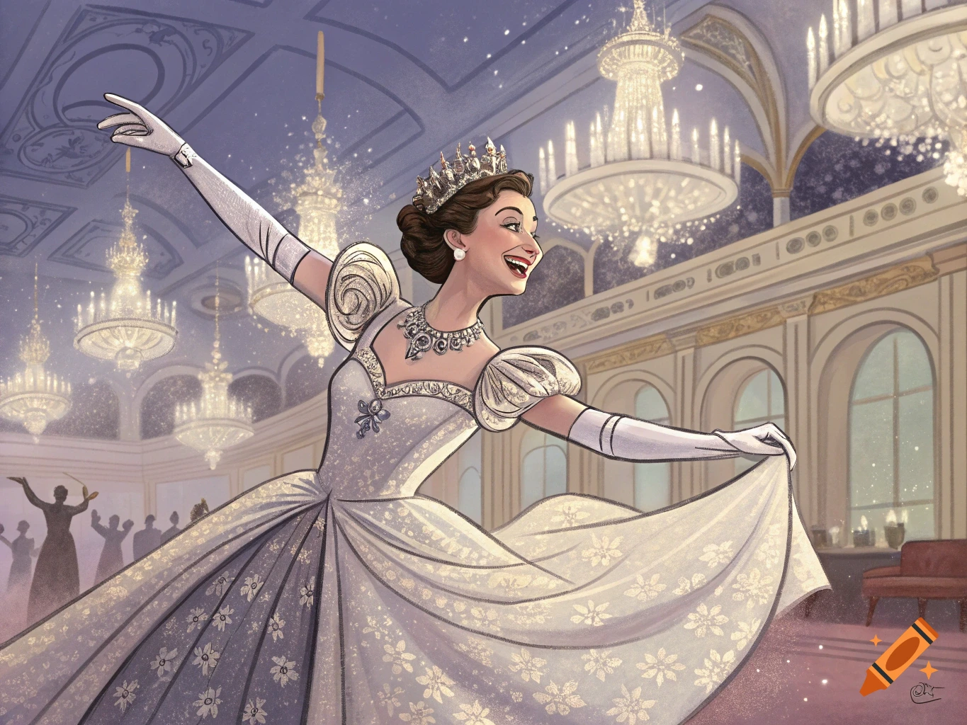 Illustration of a woman in a ball gown and tiara dancing in a grand ballroom.