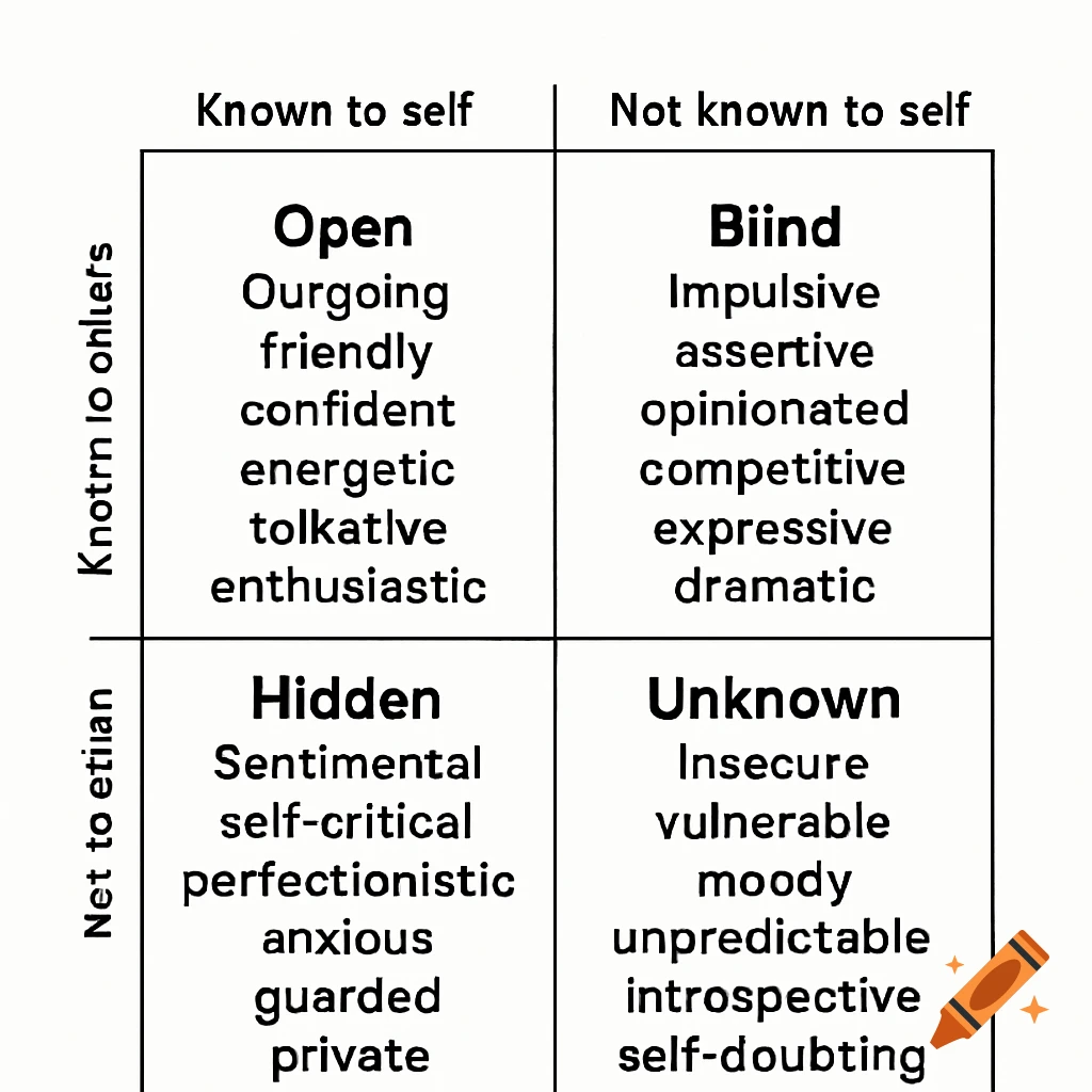 A Johari window diagram with four quadrants labeled Open, Blind, Hidden, and Unknown, listing various personality traits.