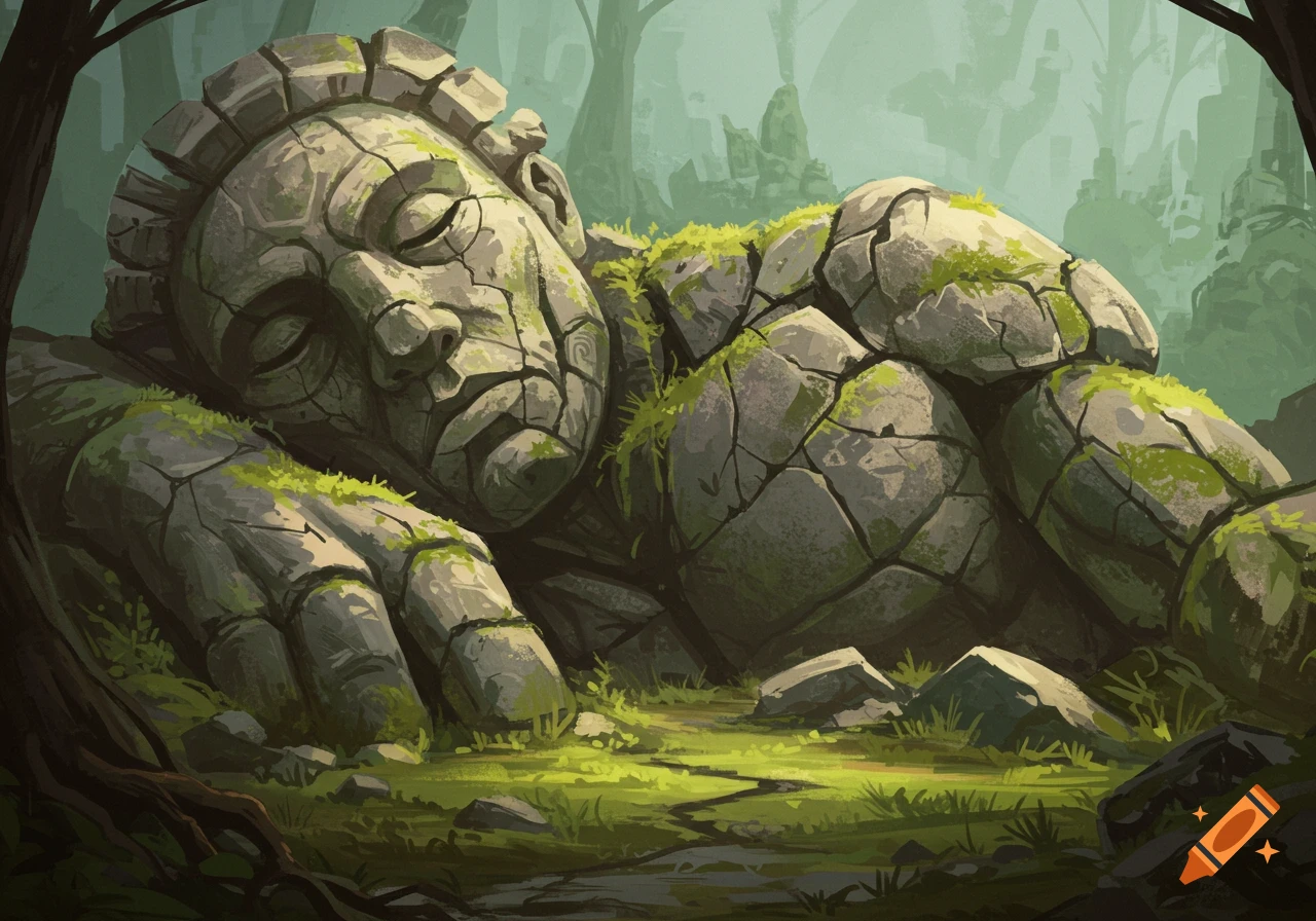 Ruined stone giant statue sleeping in a mossy forest clearing, illustration