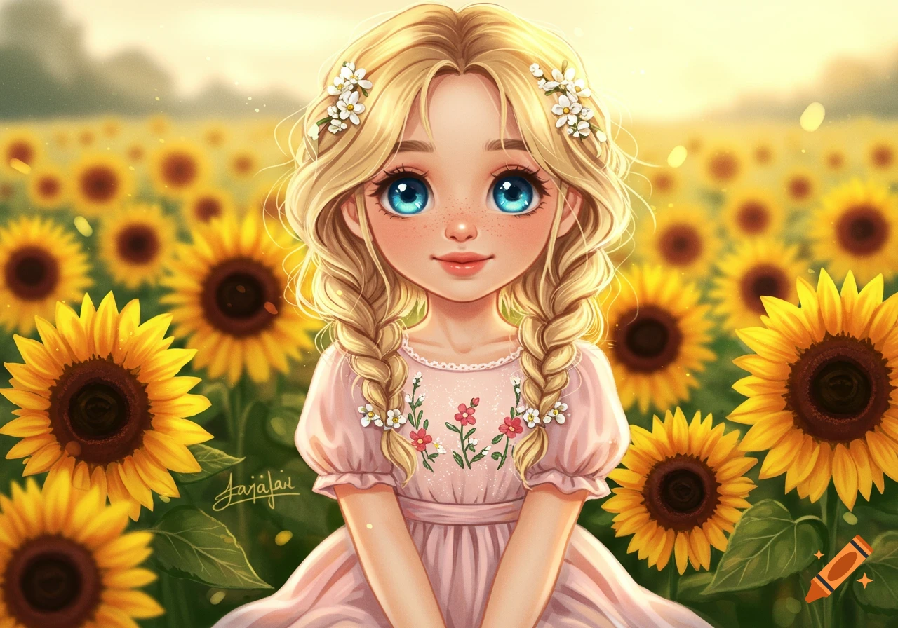 Cute illustration of a blonde girl with blue eyes and braids in a field of sunflowers.