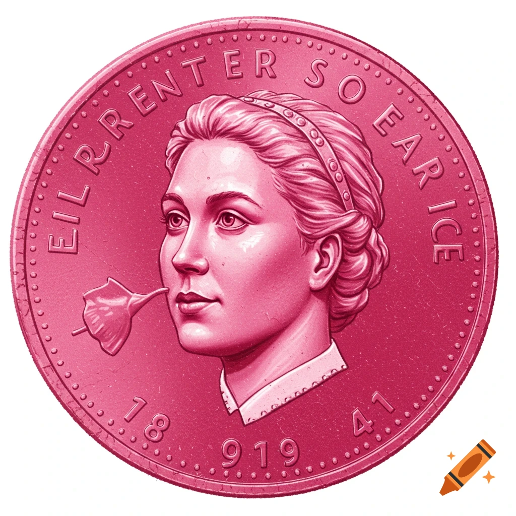 A pink coin featuring a profile portrait of a person's head