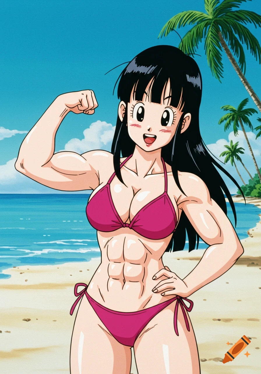 Anime drawing of Dragon Ball Z character Chi Chi flexing in a pink bikini on a beach.
