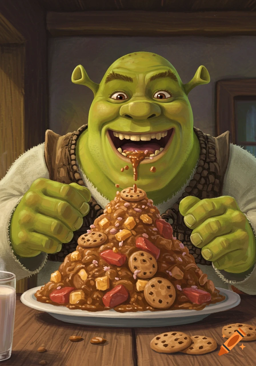 Illustration of Shrek smiling excitedly and looking at a large pile of food with cookies.