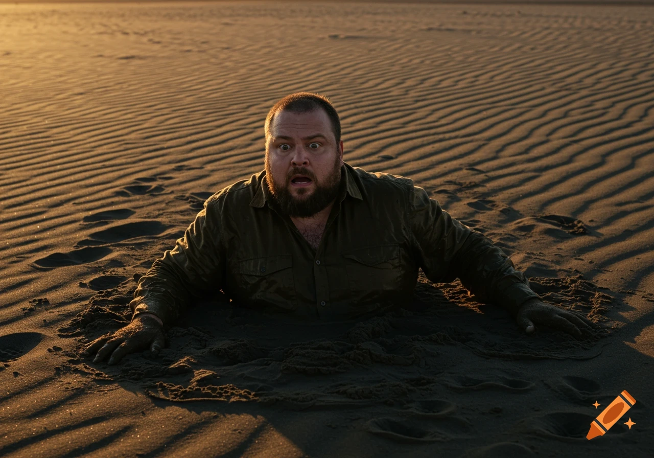 A bearded man looks surprised as he sinks into the sand at sunset.