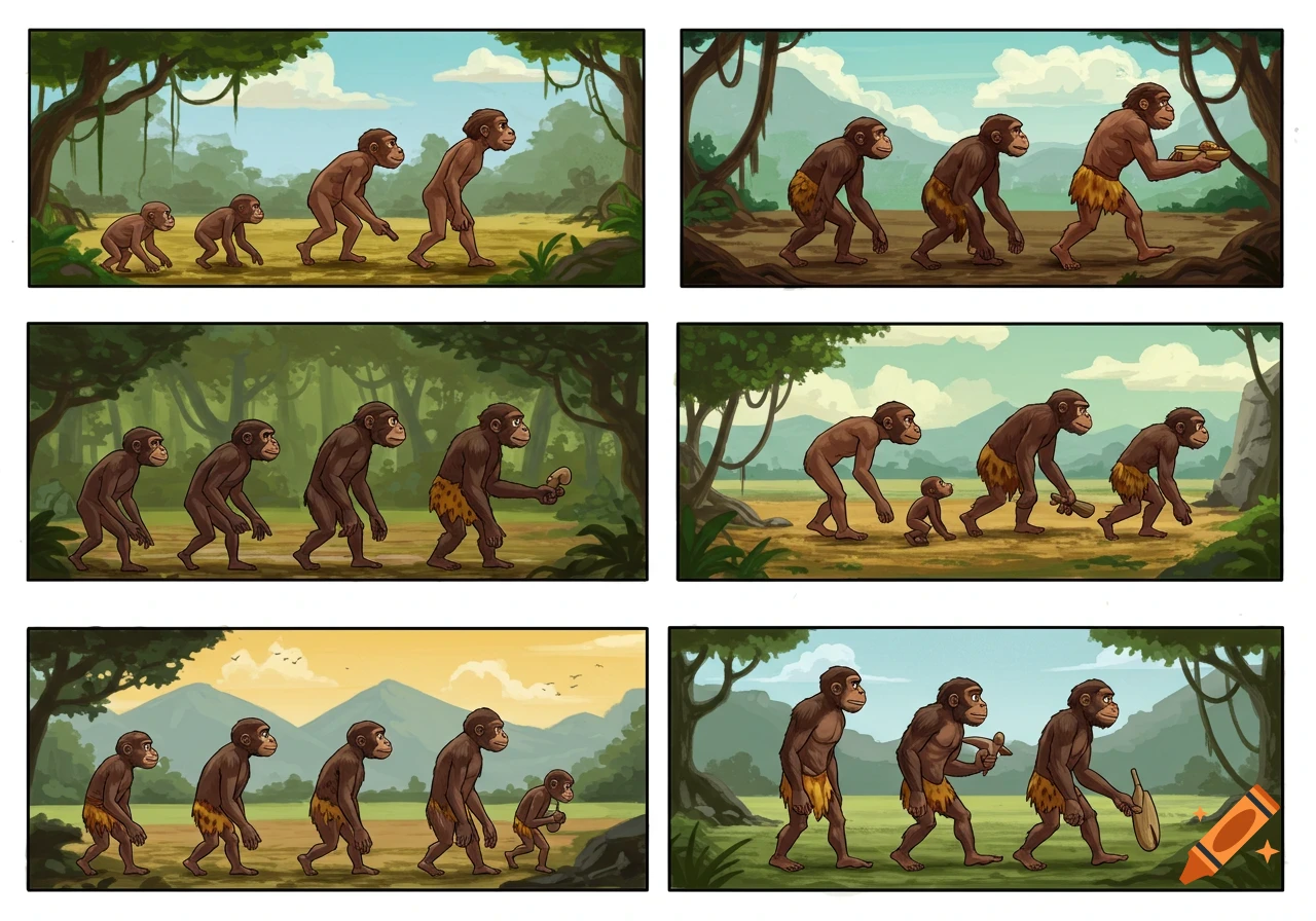 Cartoon comic panels showing the evolution of humans from ape-like figures to upright tool-users.