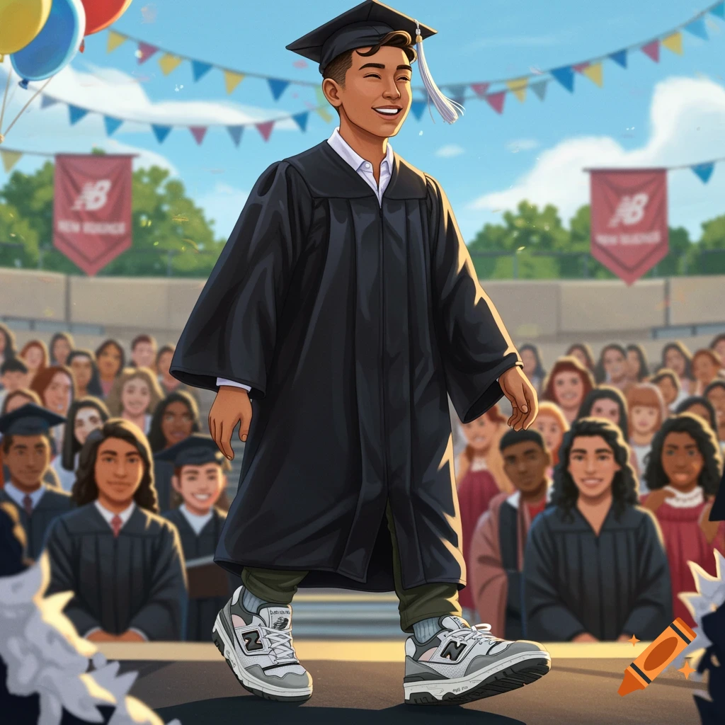 A hispanic teen walks across a graduation stage wearing a cap and gown and New Balance 550 shoes, with a crowd watching.