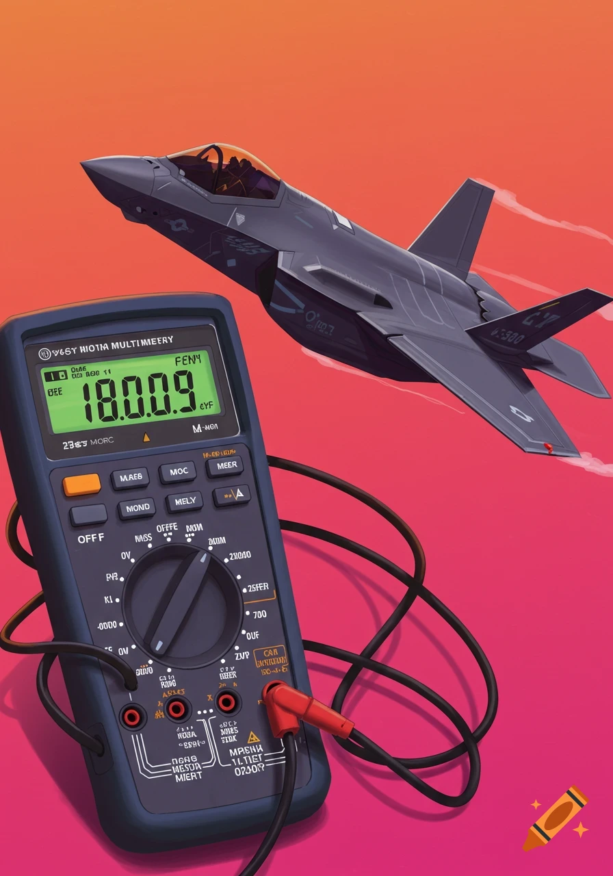 Digital illustration of a multimeter in the foreground with an F-35 jet flying in the background against a vibrant sky.