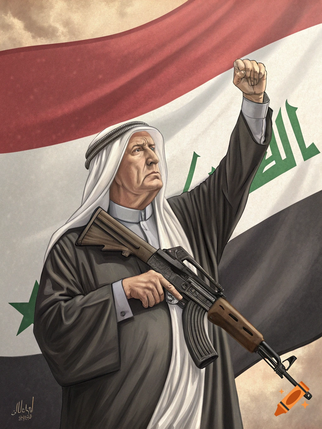 Illustration of a man resembling Donald Trump in traditional clothing holding an AK47 and raising his fist in front of an Iraqi flag.