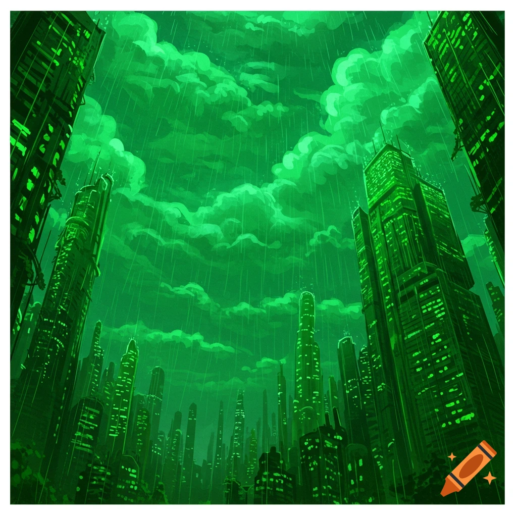 Green cityscape viewed from below with rain