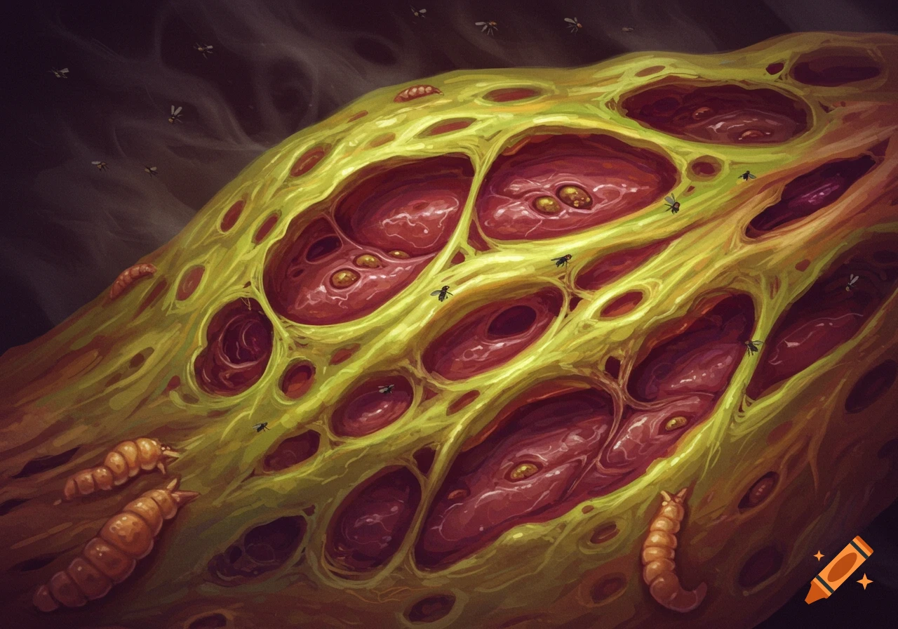 A detailed digital painting close-up of green and red decaying organic matter with holes, flies, and maggots.