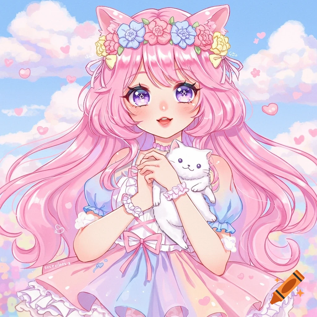 Cute anime girl with pink hair and cat ears holding a white kitten in a pastel sky