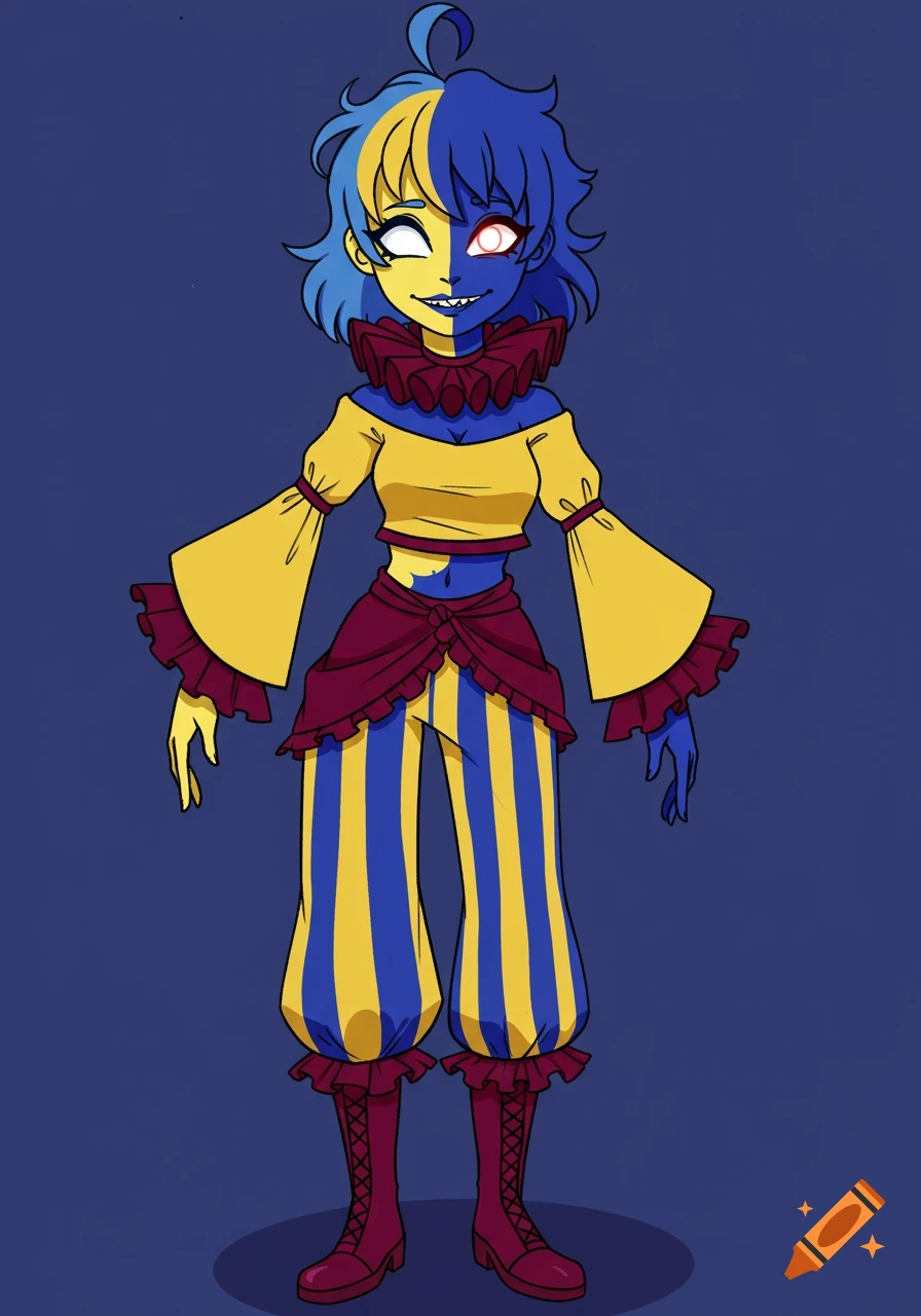 character with blue hair and yellow dress An anime character with split yellow and blue skin and hair, wearing a  clown outfit. on Craiyon