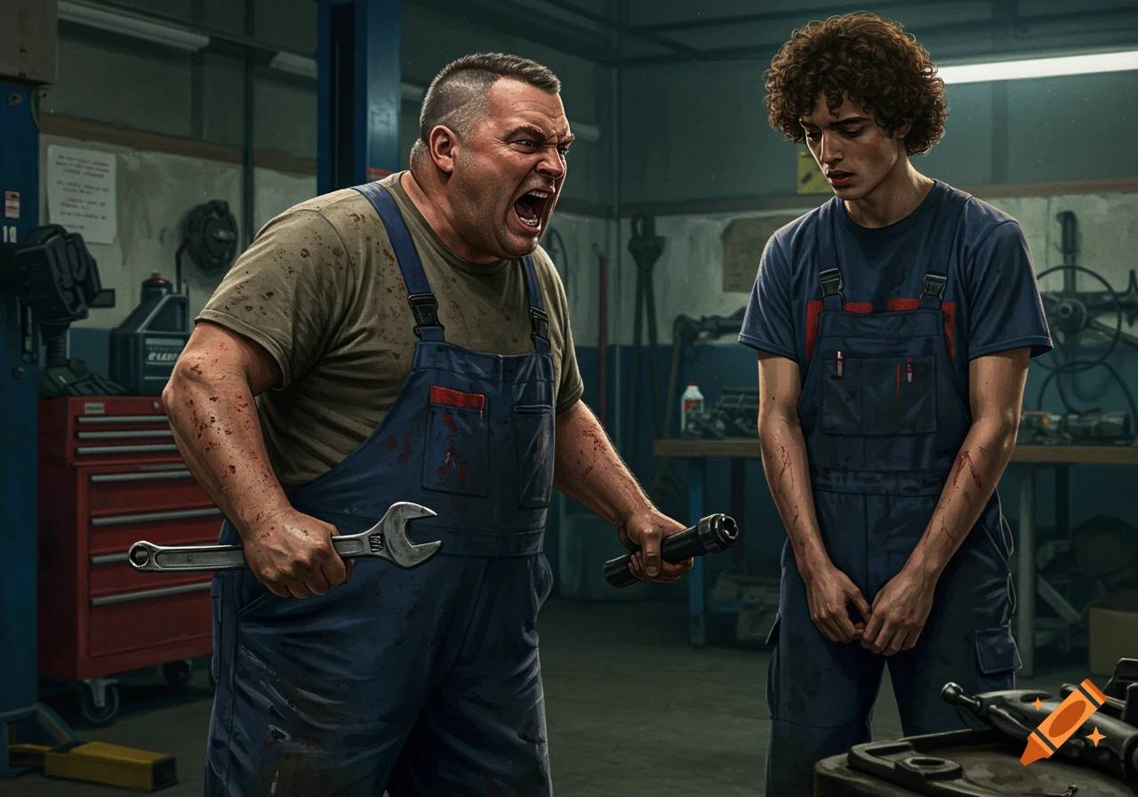 A mechanic in overalls yells angrily at his young apprentice in a garage.