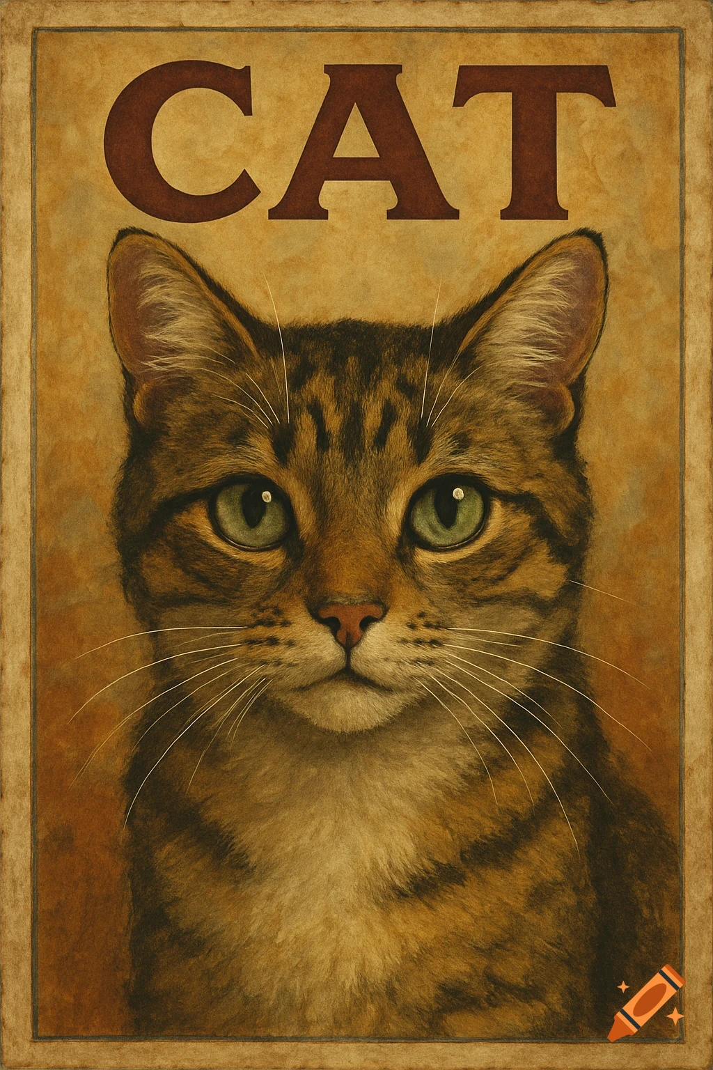 Close-up portrait of a tabby cat with green eyes on a textured background, under the word 'CAT', in a poster style.