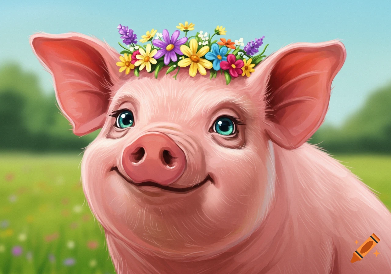 Close-up illustration of a smiling pig wearing a flower crown in a field.