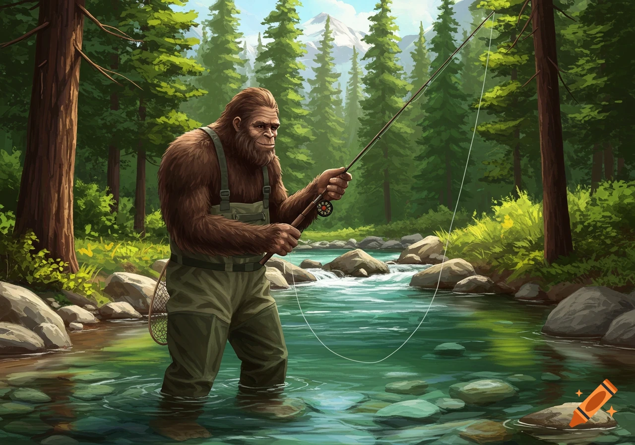 Illustrative depiction of Bigfoot wearing waders and fishing in a mountain stream.