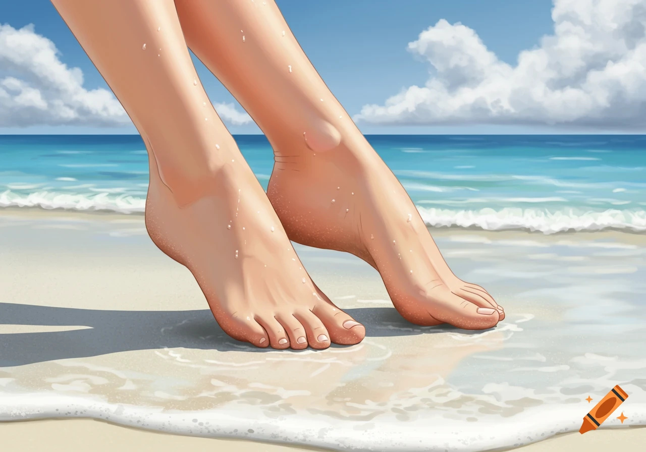 Anime-style illustration of feet standing on the edge of a beach with waves washing over them.