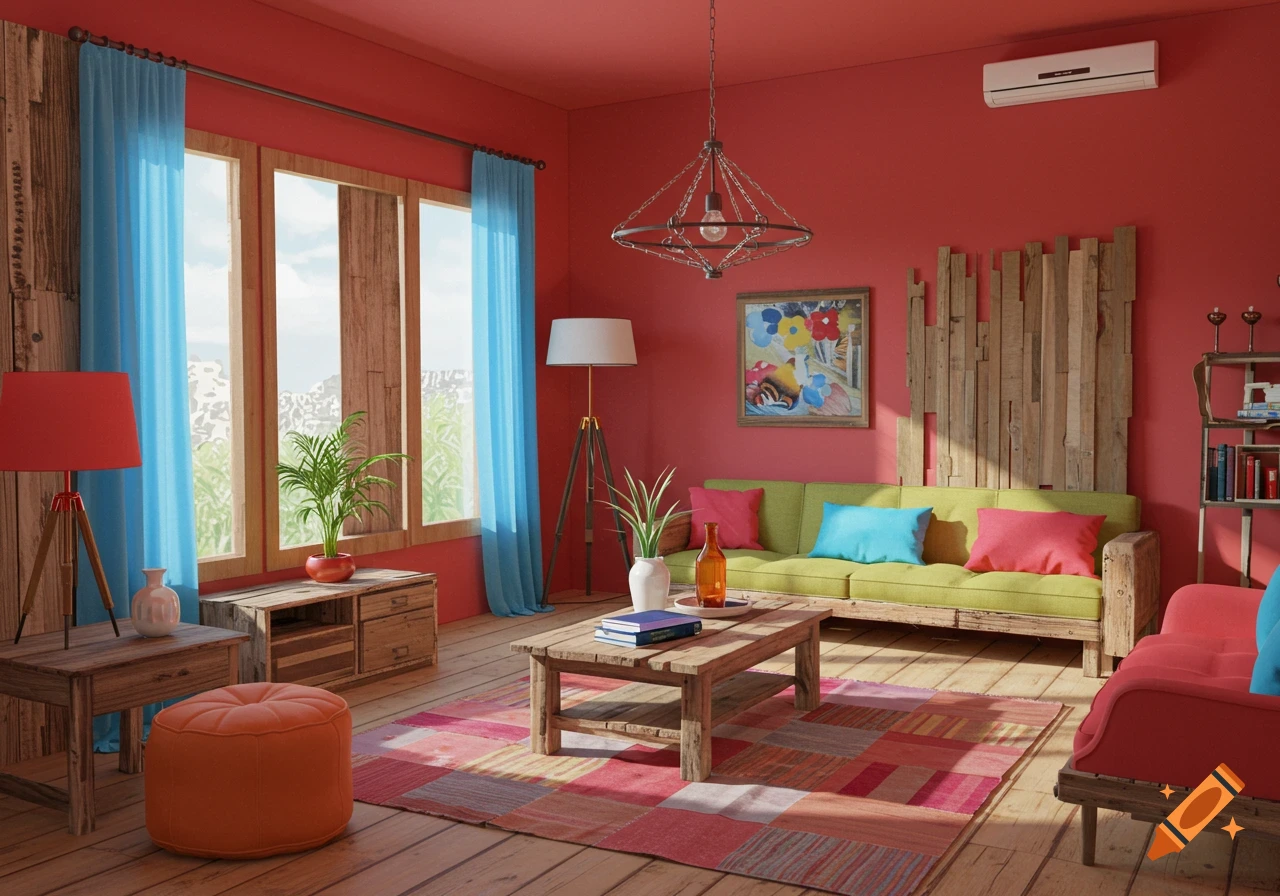 Rustic living room interior with red walls, blue curtains, green sofa ...