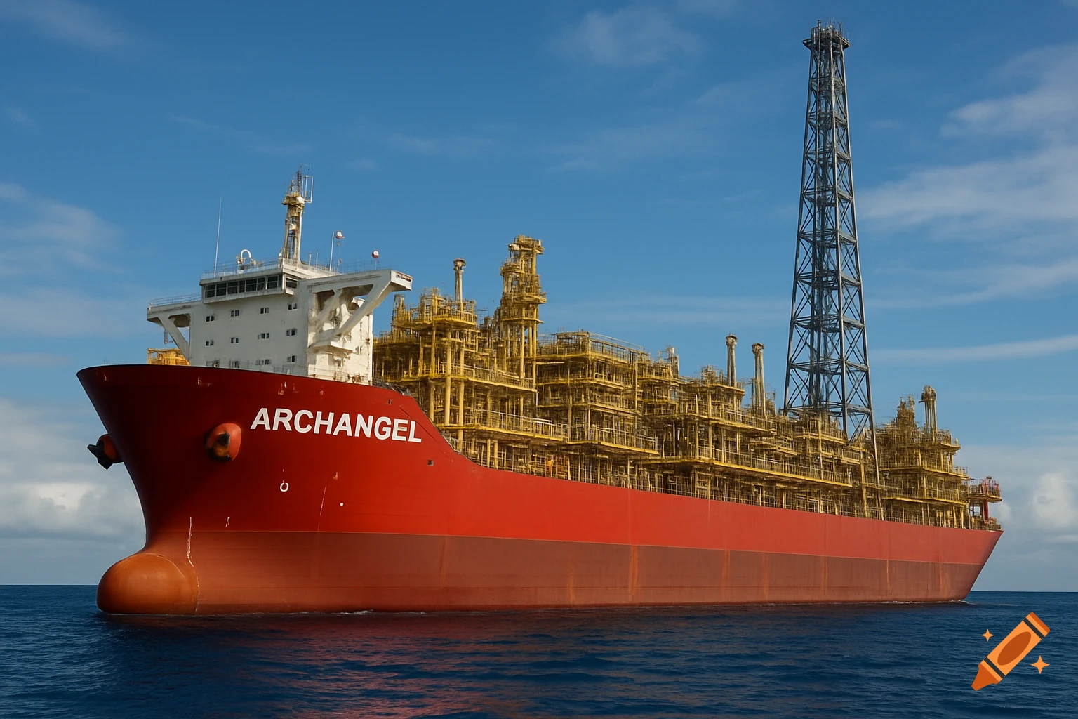 Massive red FPSO ship named ARCHANGEL on the ocean under a blue sky