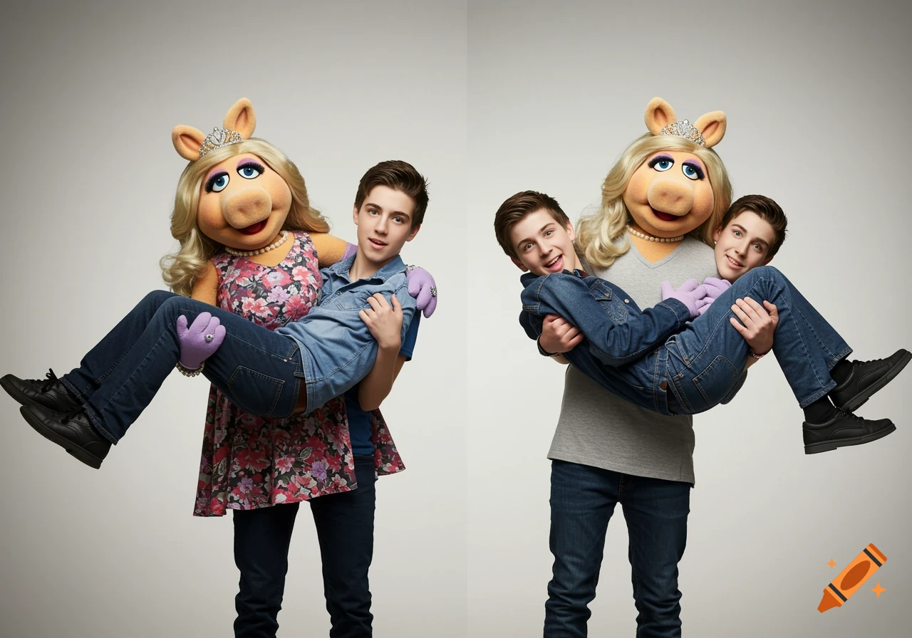 Miss Piggy carrying two teenage boys in a studio portrait