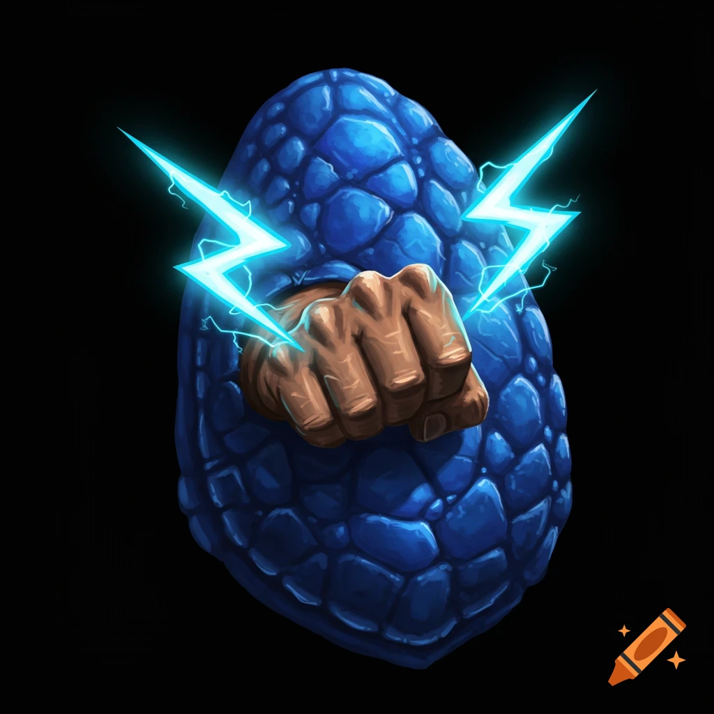 A fist punches through a blue dragon scale, grasping two bright blue lightning bolts.