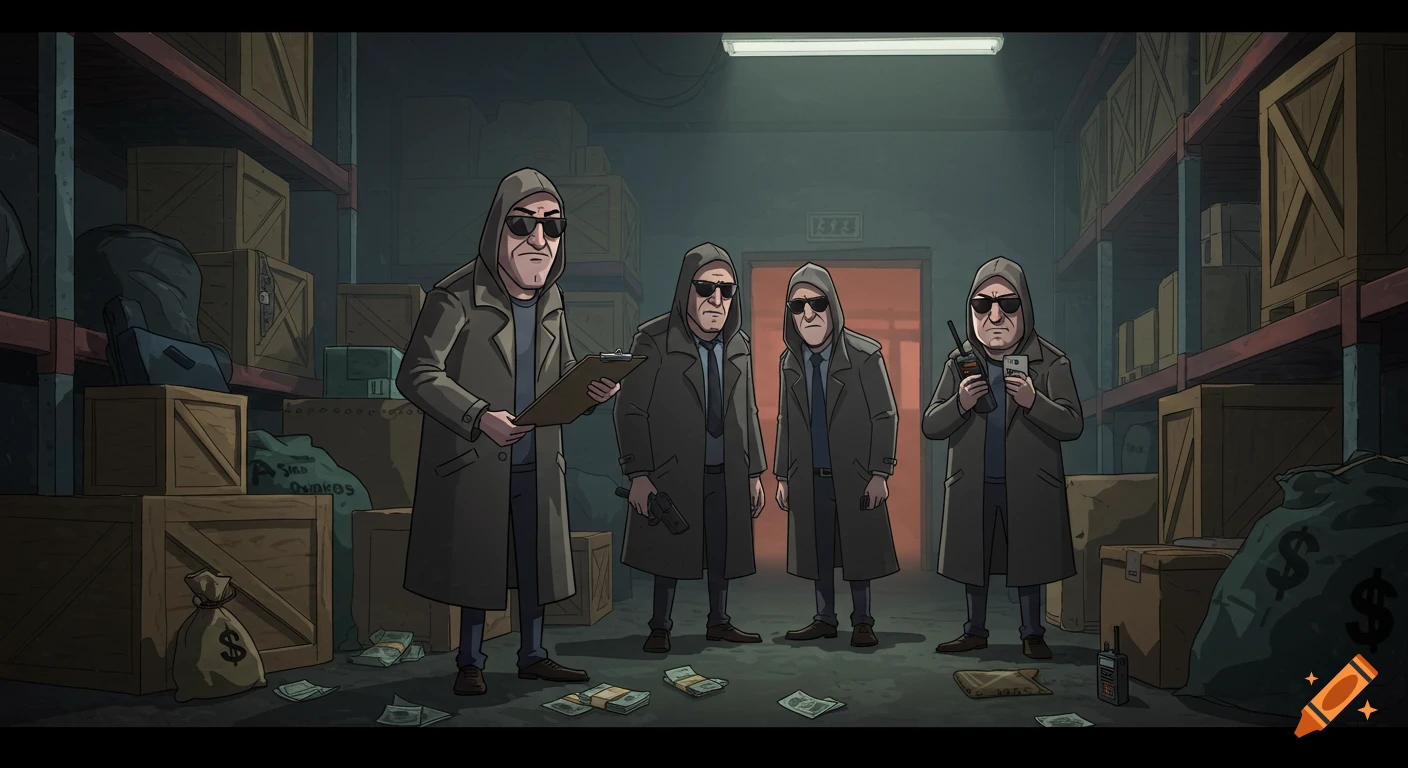 Four gritty cartoon figures in trench coats and hoodies stand in a dimly lit warehouse with crates and scattered money.